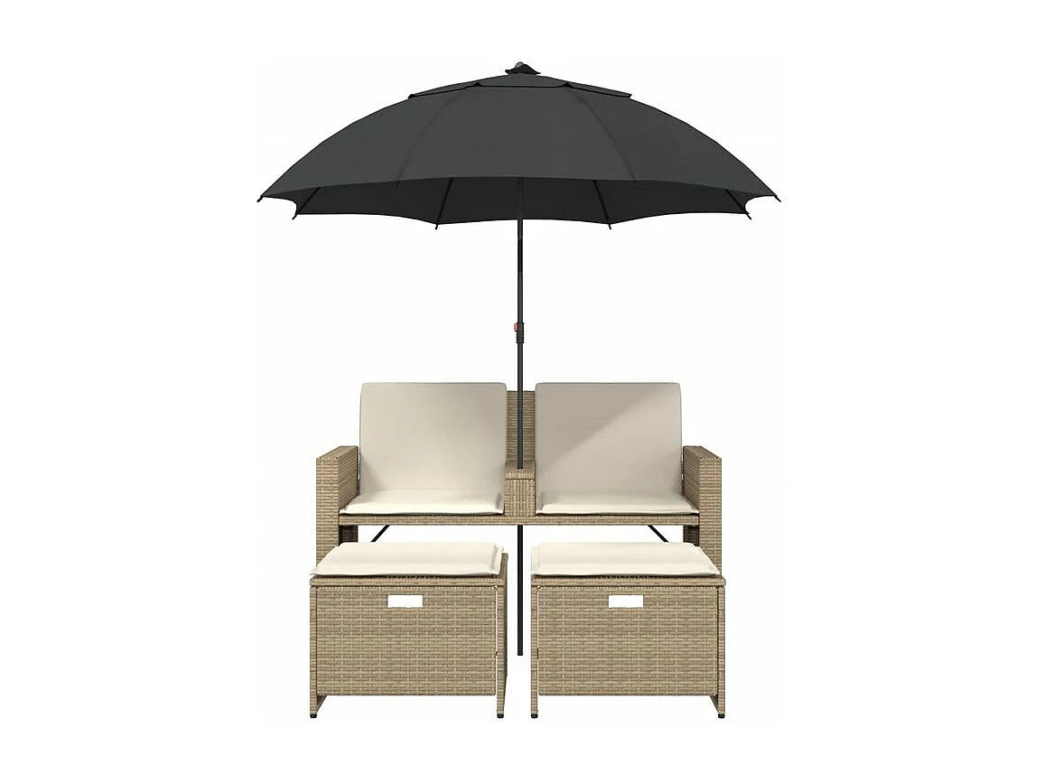 Canapé de jardin 2 places avec parasol et tabourets beige rotin