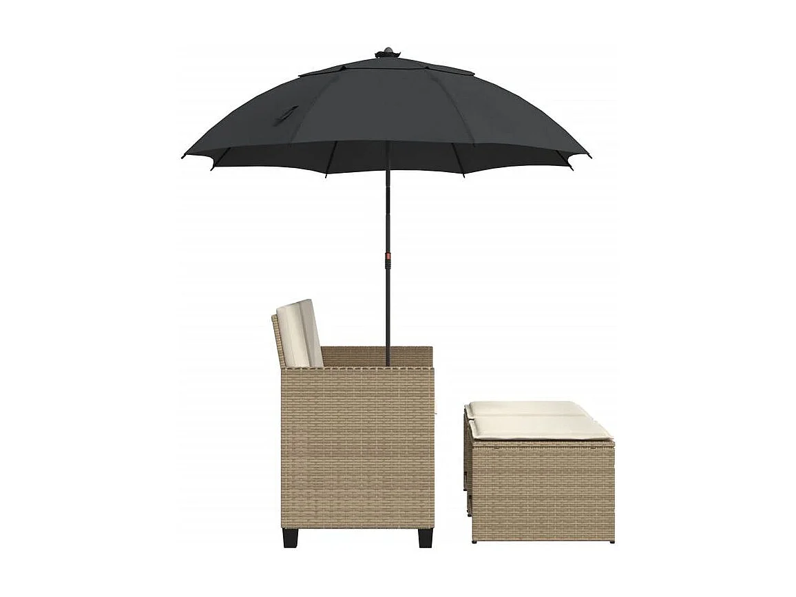 Canapé de jardin 2 places avec parasol et tabourets beige rotin