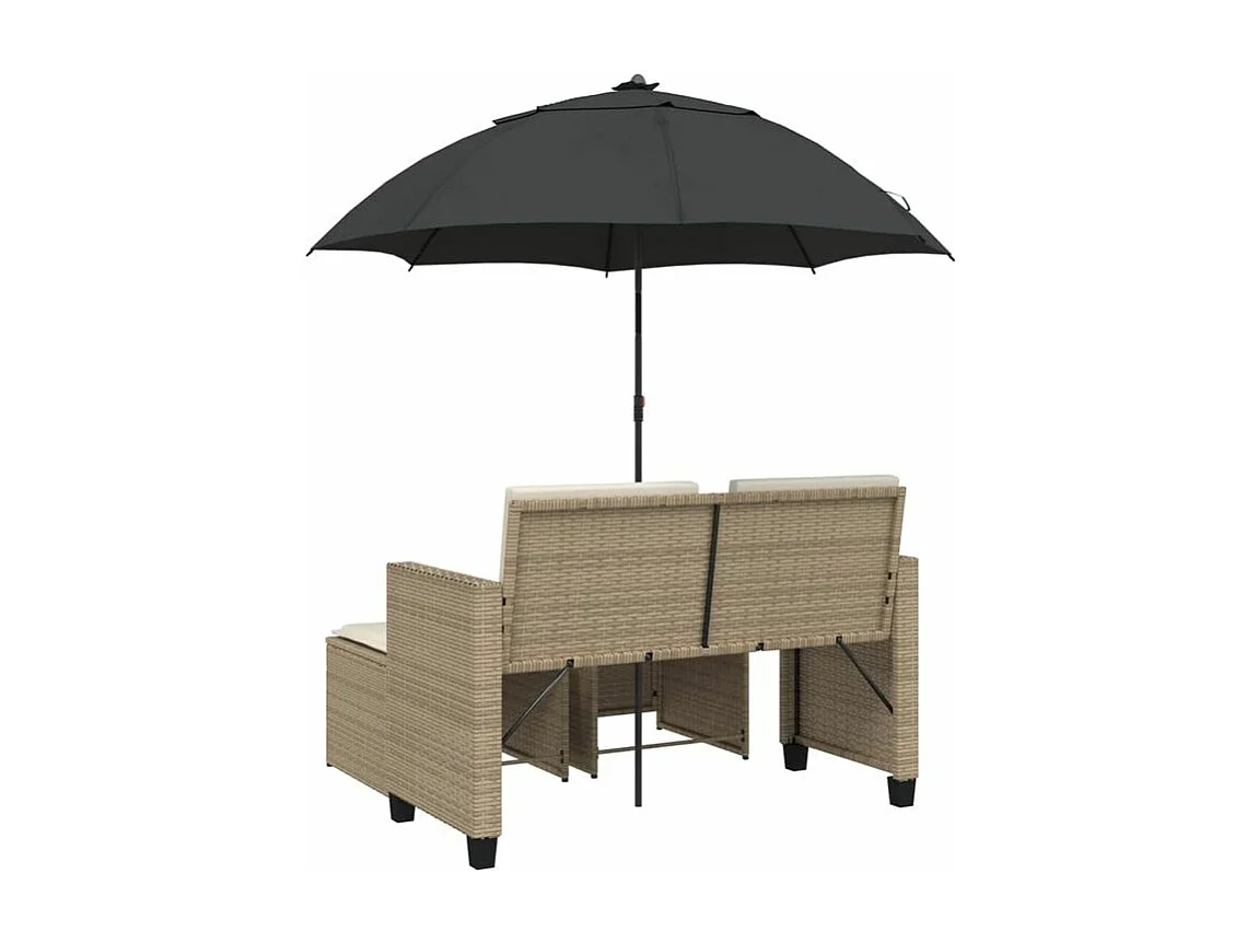 Canapé de jardin 2 places avec parasol et tabourets beige rotin