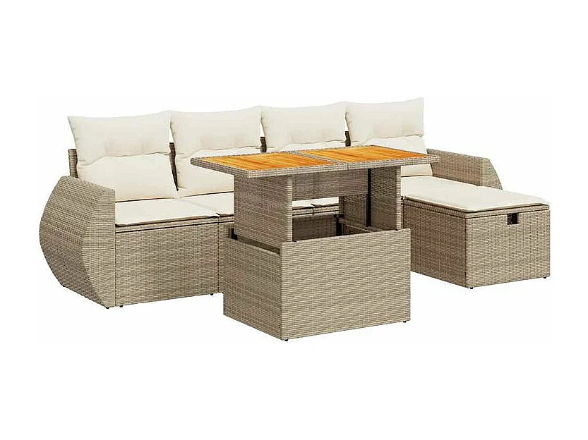 Salon de jardin 6 pcs avec coussins beige résine tressée acacia