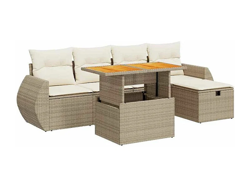 Salon de jardin 6 pcs avec coussins beige résine tressée acacia