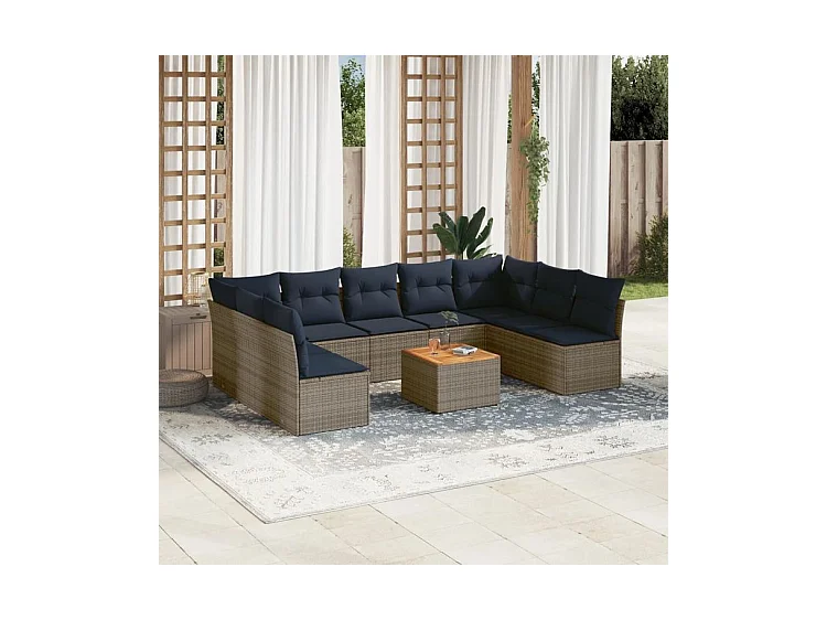 Salon de jardin 10 pcs avec coussins gris résine tressée
