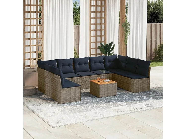 Salon de jardin 10 pcs avec coussins gris résine tressée