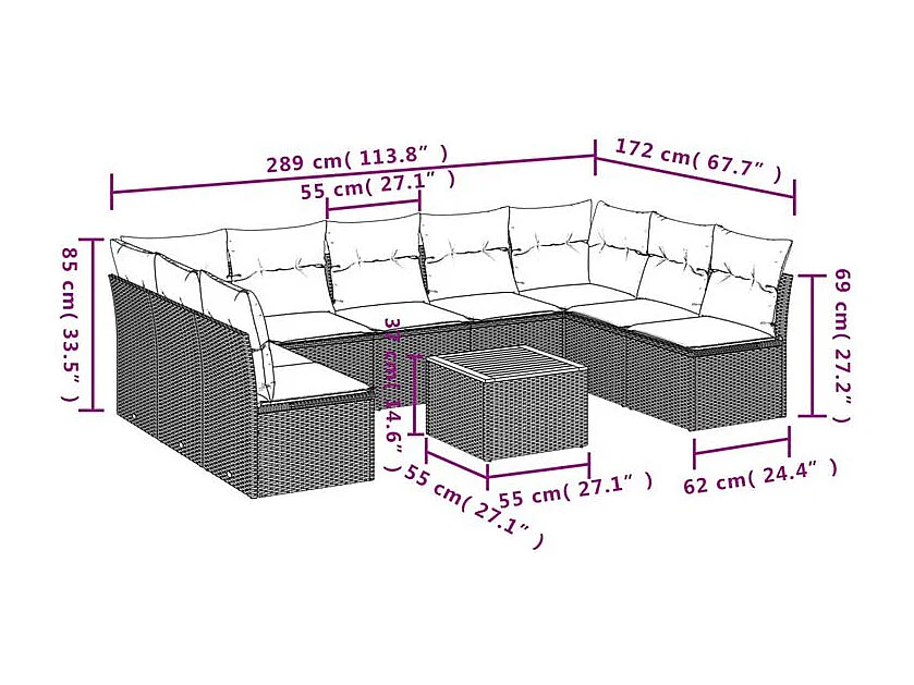 Salon de jardin 10 pcs avec coussins gris résine tressée
