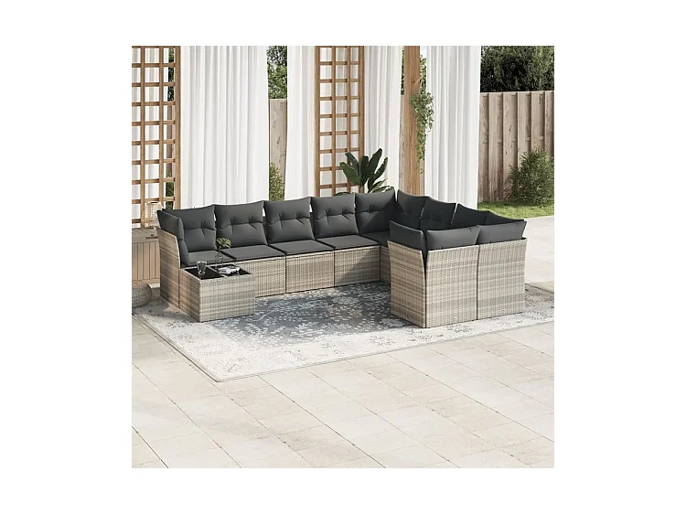 Salon de jardin avec coussins 10 pcs gris clair résine tressée