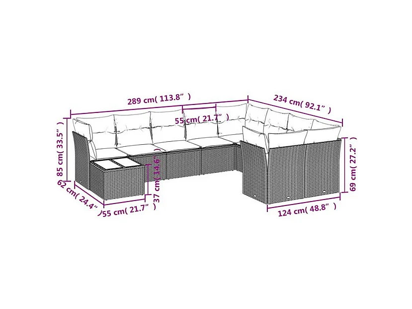 Salon de jardin avec coussins 10 pcs gris clair résine tressée
