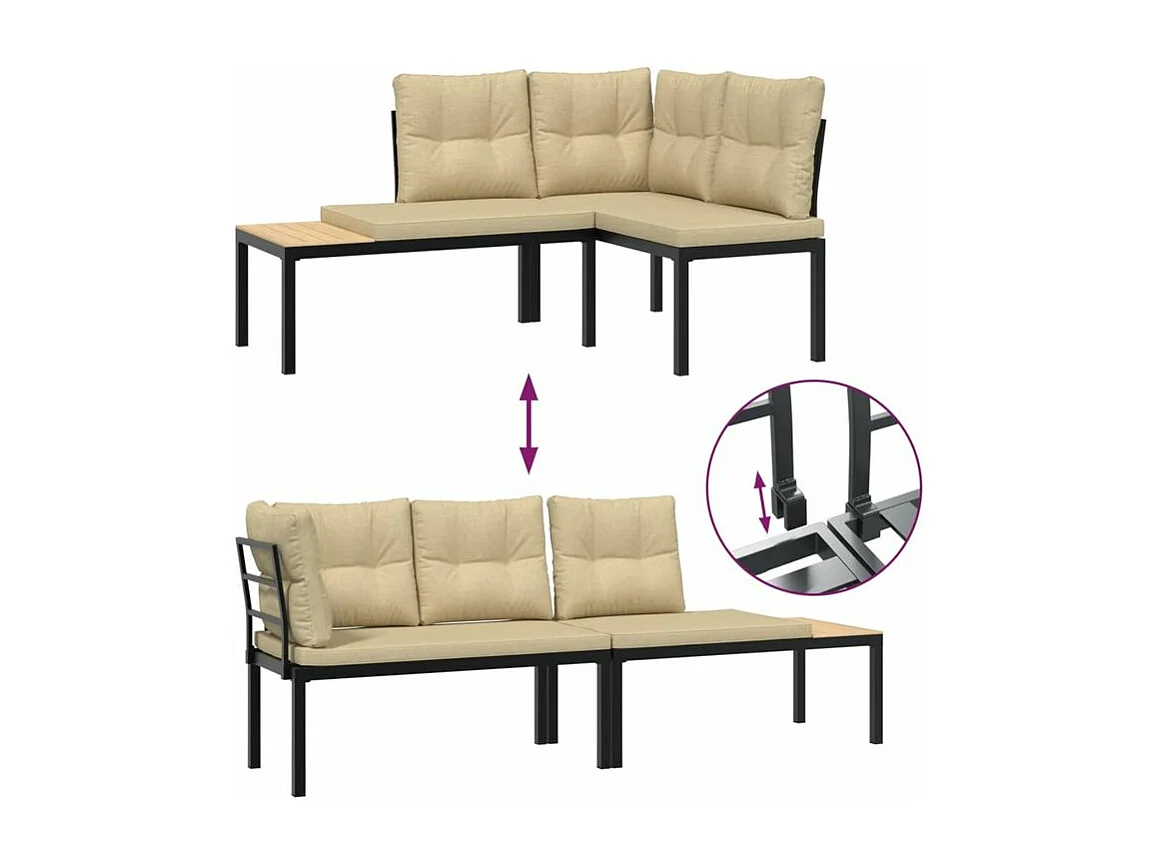 Ensemble de banc de jardin avec coussins 3 pcs noir