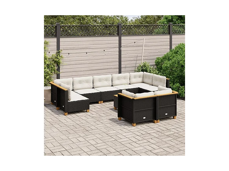 Salon de jardin 10 pcs avec coussins noir résine tressée
