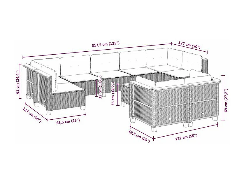 Salon de jardin 10 pcs avec coussins noir résine tressée