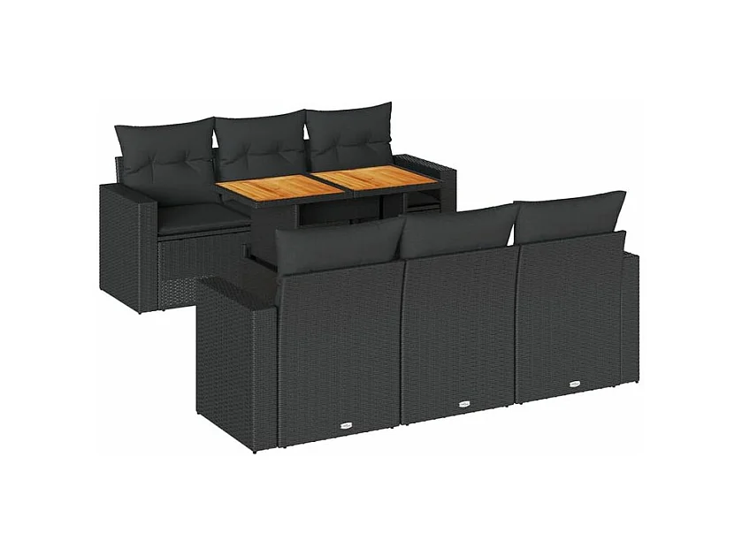 Salon de jardin 7 pcs avec coussins noir résine tressée