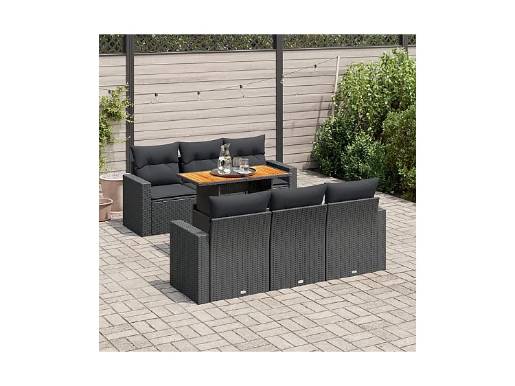 Salon de jardin 7 pcs avec coussins noir résine tressée