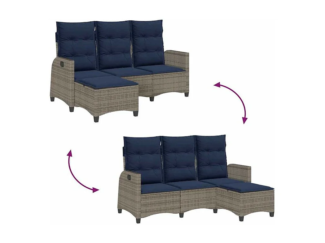 Canapé de jardin inclinable coussins forme de L gris polyrotin