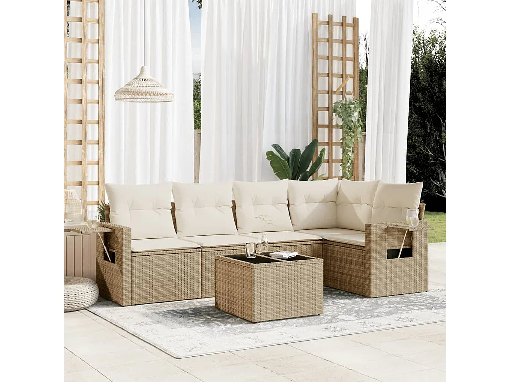Salon de jardin avec coussins 6 pcs beige résine tressée