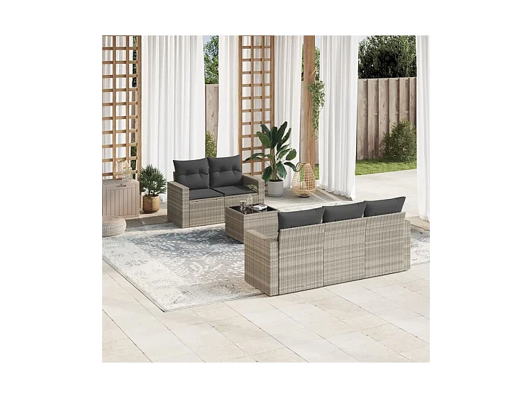 Salon de jardin 6 pcs avec coussins gris clair résine tressée
