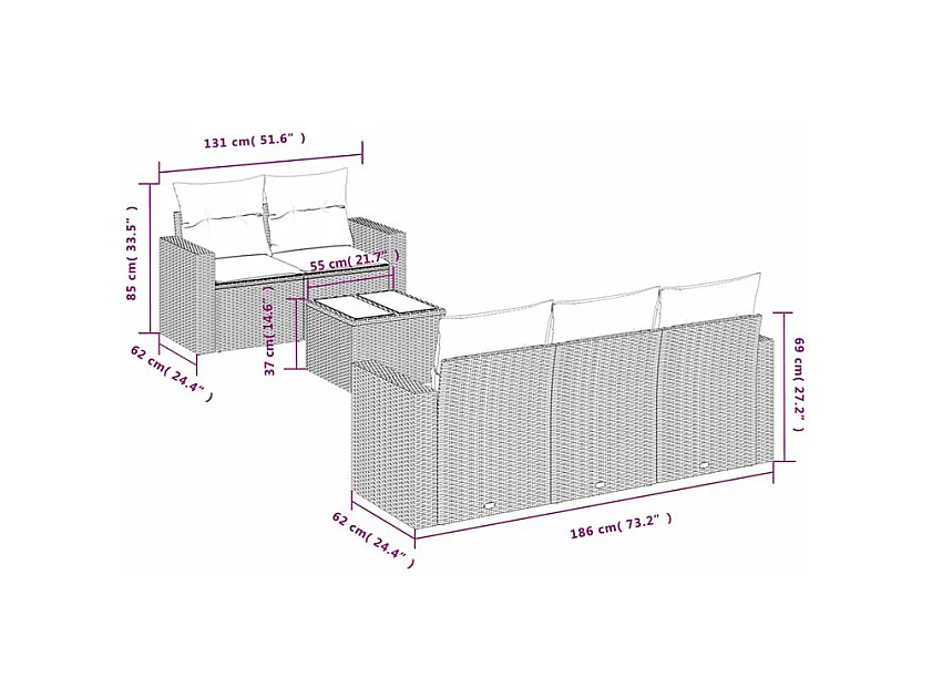 Salon de jardin 6 pcs avec coussins gris clair résine tressée