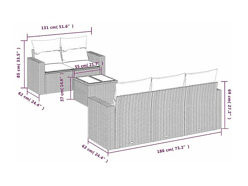Salon de jardin 6 pcs avec coussins gris clair résine tressée