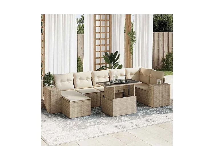 Salon de jardin avec coussins 8 pcs beige résine tressée