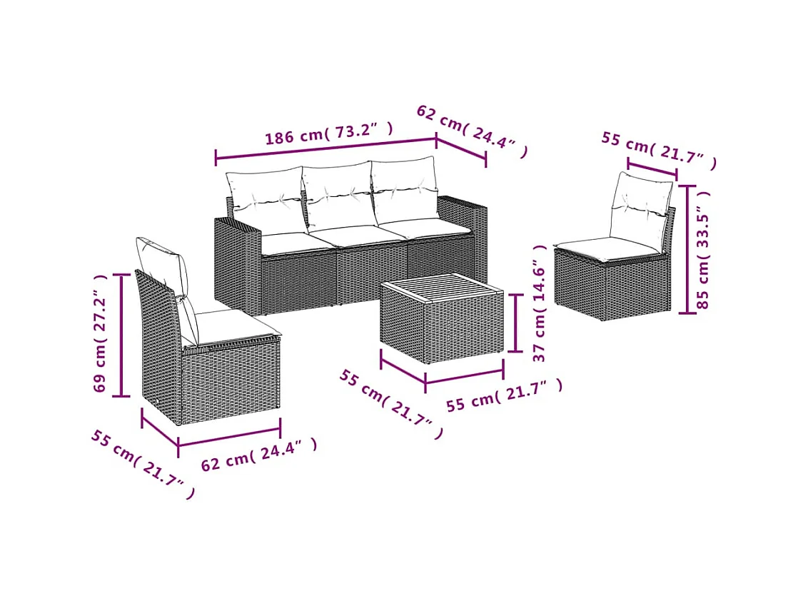 Salon de jardin avec coussins 6 pcs beige résine tressée