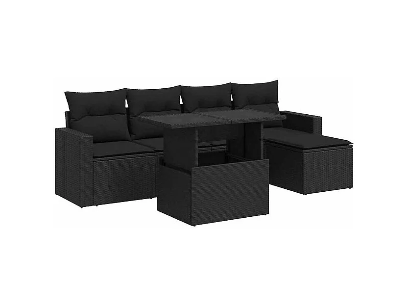 Salon de jardin 6 pcs avec coussins noir résine tressée