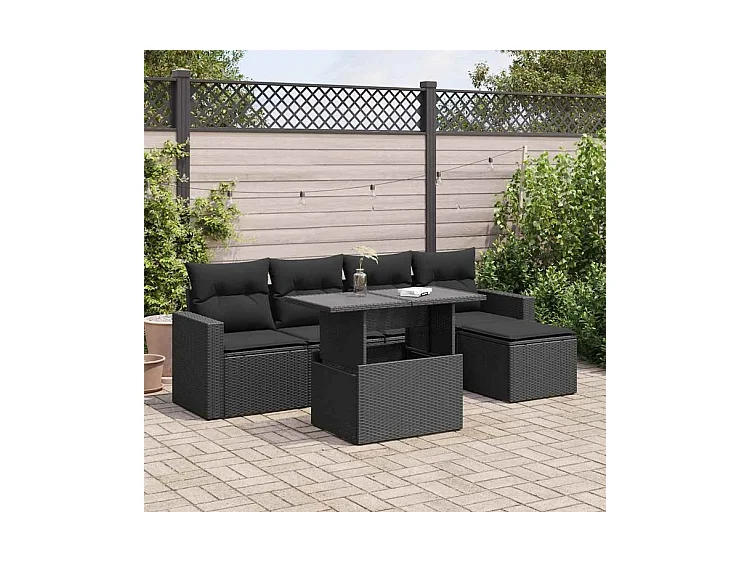 Salon de jardin 6 pcs avec coussins noir résine tressée