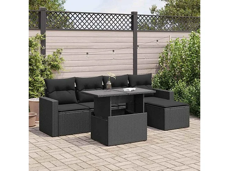 Salon de jardin 6 pcs avec coussins noir résine tressée