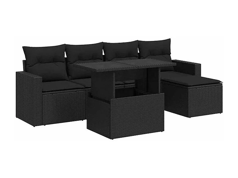 Salon de jardin 6 pcs avec coussins noir résine tressée