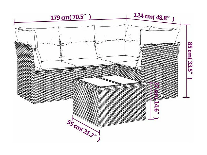 Salon de jardin 5 pcs avec coussins gris clair résine tressée