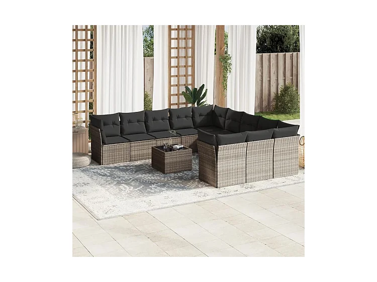 Salon de jardin avec coussins 12 pcs gris clair résine tressée