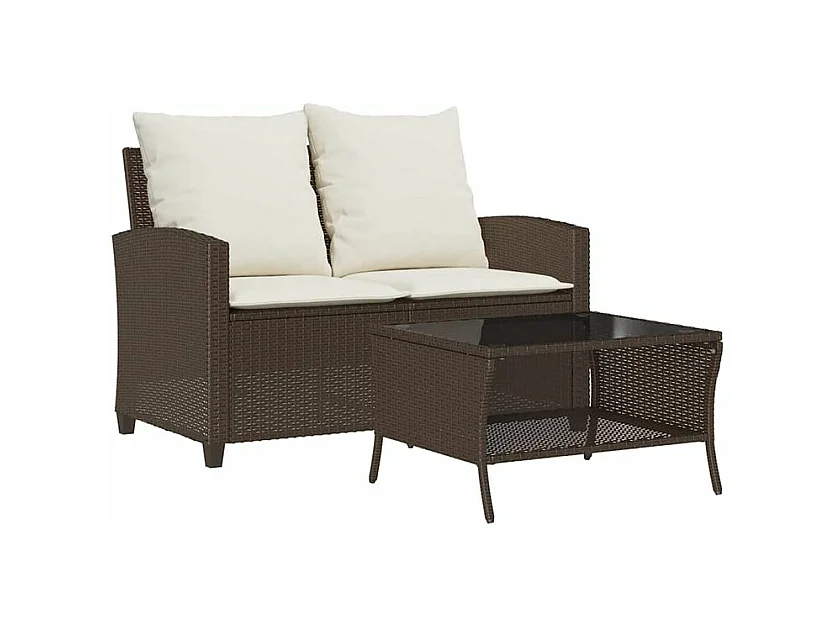 Canapé de jardin 2 places coussins table marron résine tressée