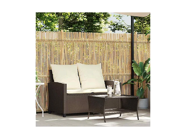Canapé de jardin 2 places coussins table marron résine tressée
