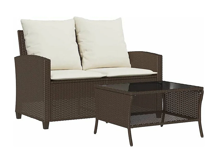 Canapé de jardin 2 places coussins table marron résine tressée