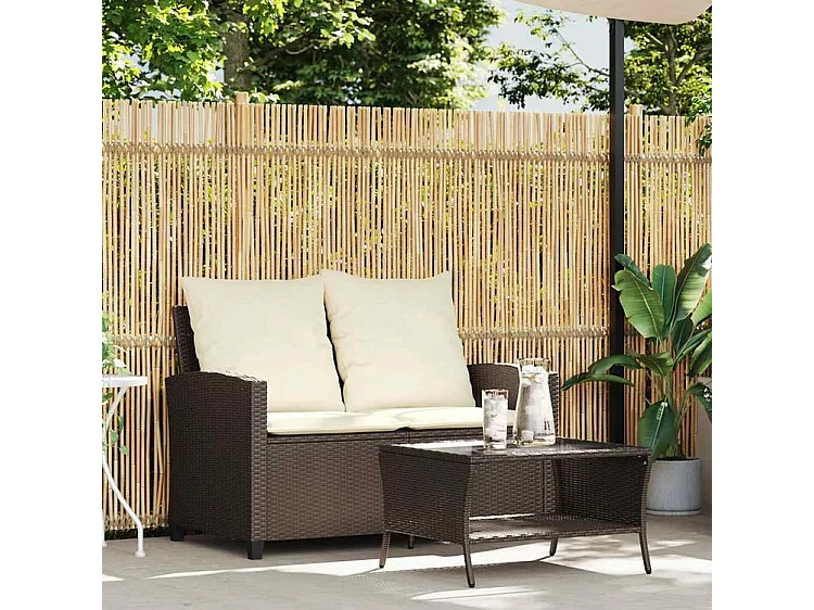 Canapé de jardin 2 places coussins table marron résine tressée