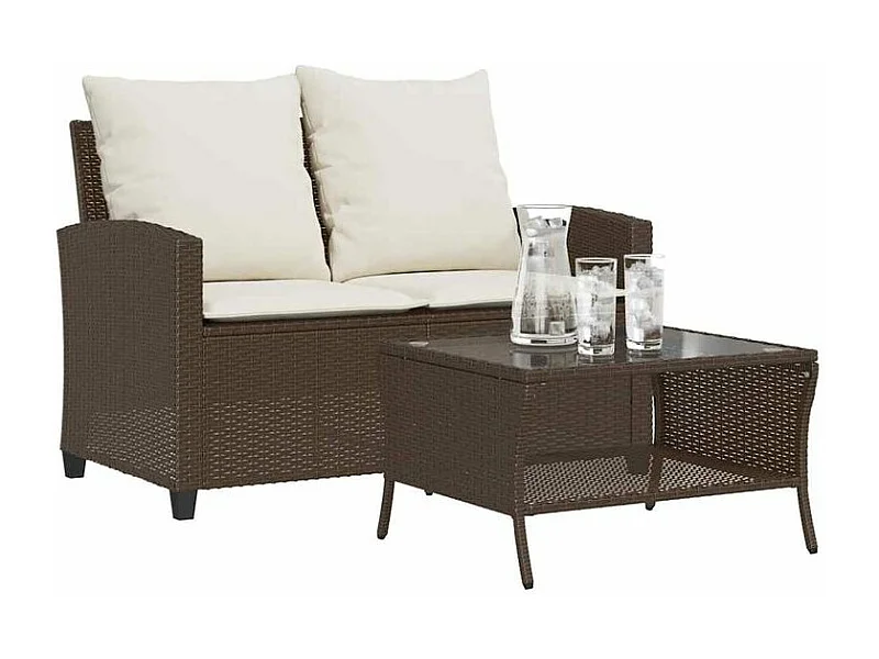 Canapé de jardin 2 places coussins table marron résine tressée