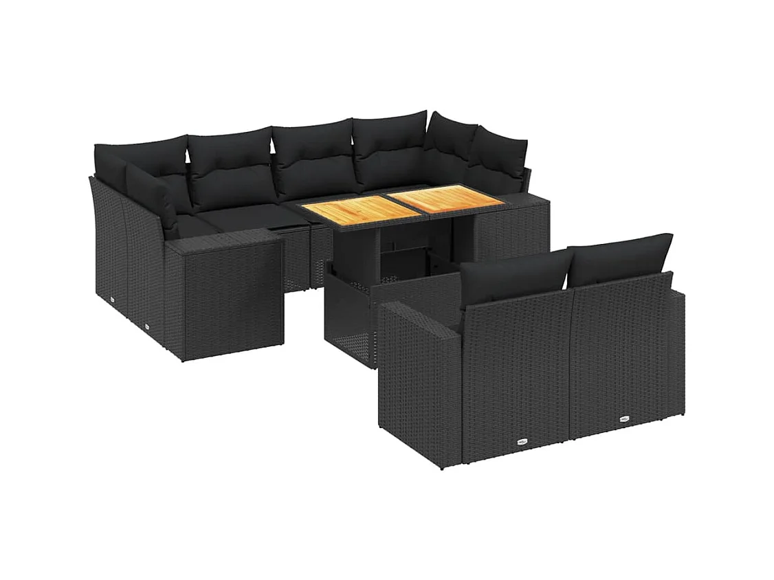 Salon de jardin 11 pcs avec coussins noir résine tressée