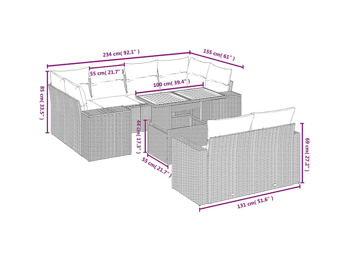 Salon de jardin 11 pcs avec coussins noir résine tressée