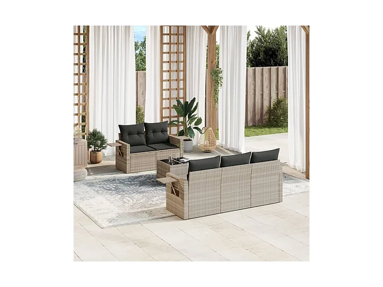 Salon de jardin 6 pcs avec coussins gris clair résine tressée