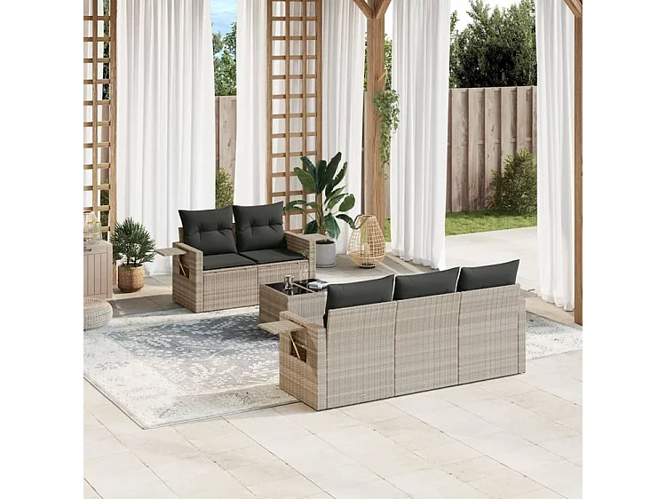 Salon de jardin 6 pcs avec coussins gris clair résine tressée