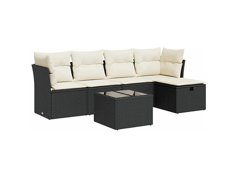 Salon de jardin 6 pcs avec coussins noir résine tressée
