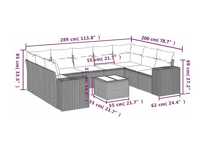 Salon de jardin 10 pcs avec coussins marron résine tressée