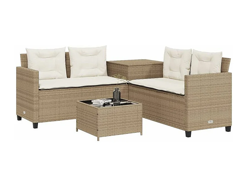 Canapé de jardin avec table et coussins en forme de L beige