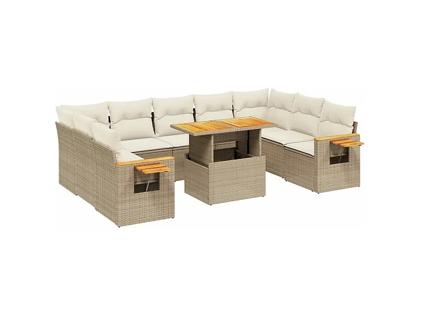 Salon de jardin avec coussins 10 pcs beige résine tressée