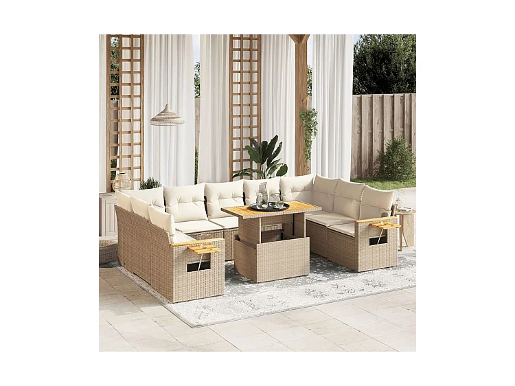 Salon de jardin avec coussins 10 pcs beige résine tressée