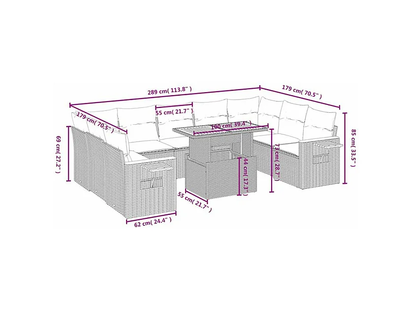 Salon de jardin avec coussins 10 pcs beige résine tressée