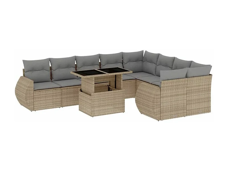 Salon de jardin avec coussins 10 pcs beige résine tressée