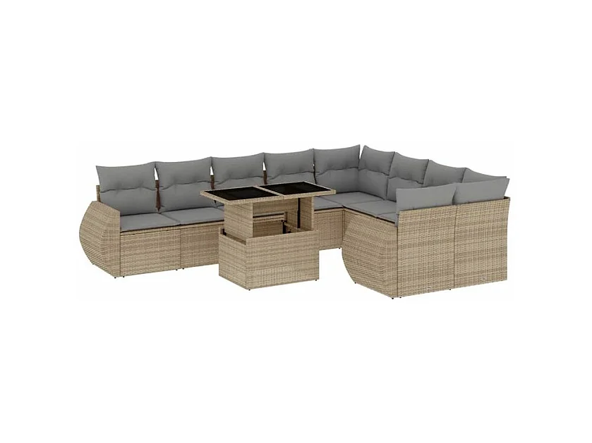 Salon de jardin avec coussins 10 pcs beige résine tressée
