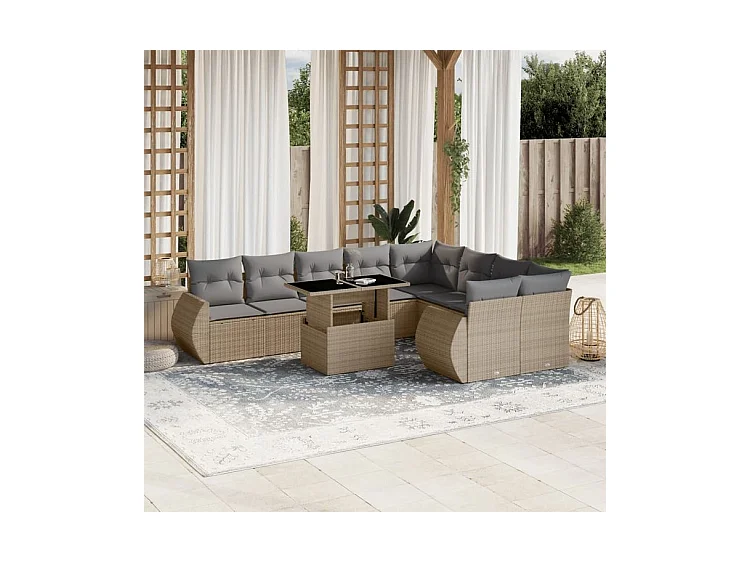 Salon de jardin avec coussins 10 pcs beige résine tressée