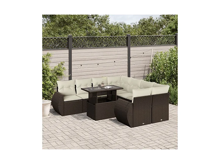 Salon de jardin avec coussins 9 pcs marron résine tressée