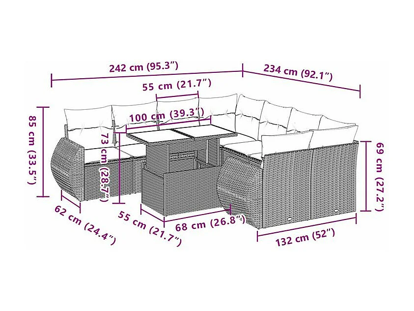 Salon de jardin avec coussins 9 pcs marron résine tressée