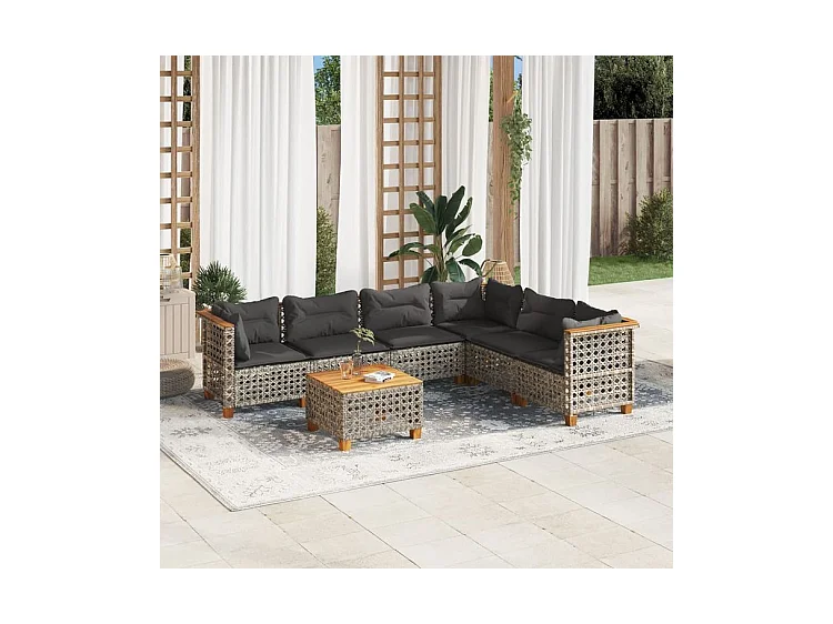 Salon de jardin avec coussins 7 pcs gris résine tressée