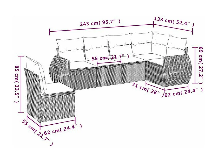 Salon de jardin 6 pcs avec coussins gris clair résine tressée